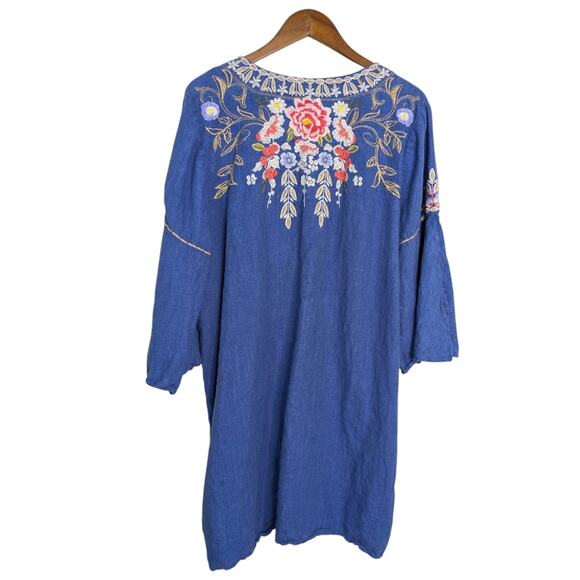 Johnny Was Kitti Dress XL 100% Linen Chambray Floral Embroidered Lace Up Bell Sl - Picture 7 of 11